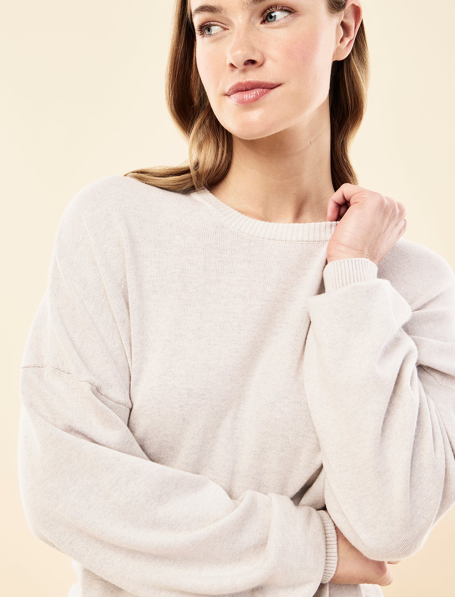 Cotton Cashmere Crew Neck Long Sleeve Top