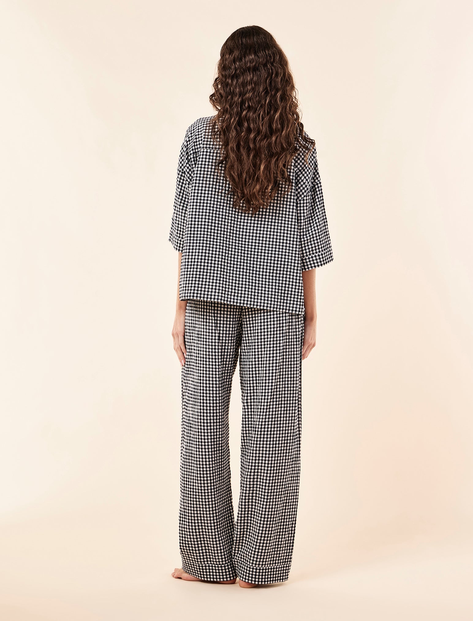 Seersucker Gingham Short Sleeve Shirt and Full Length Pant PJ Set