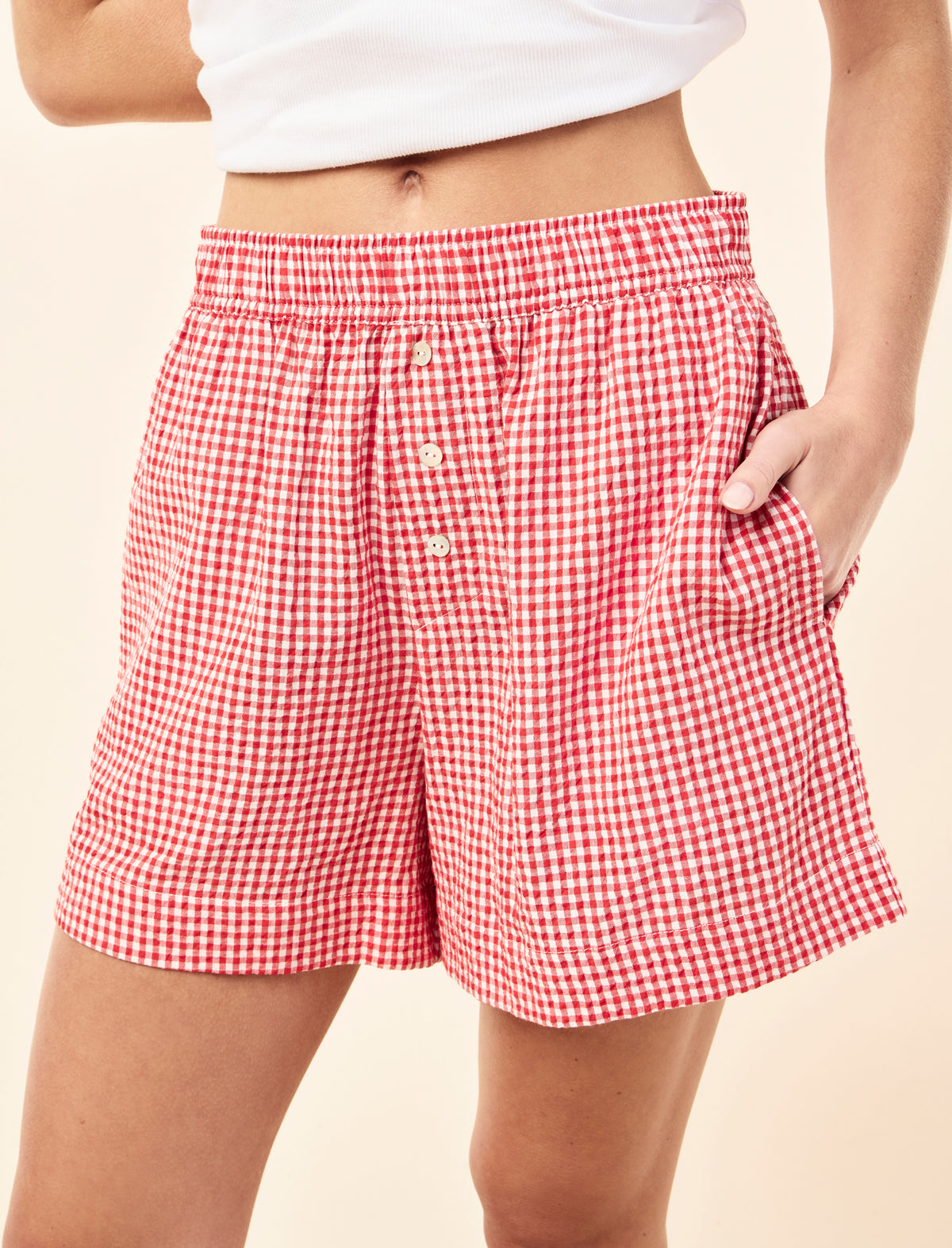 Yasmin wearing the Seersucker Gingham Boxer Short