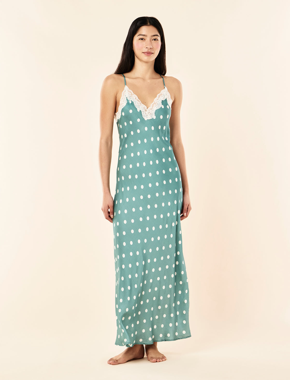 Zoey wearing the Annabelle Lace Front Maxi Nightie