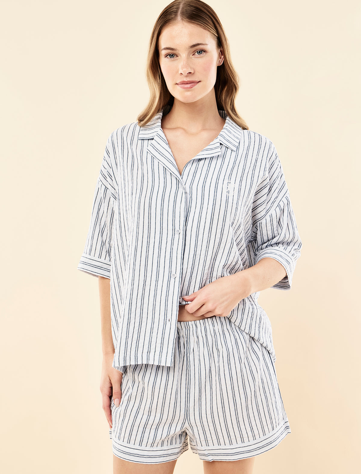 Sianie wearing the Karen Walker Seersucker Stripe Boxer PJ Set