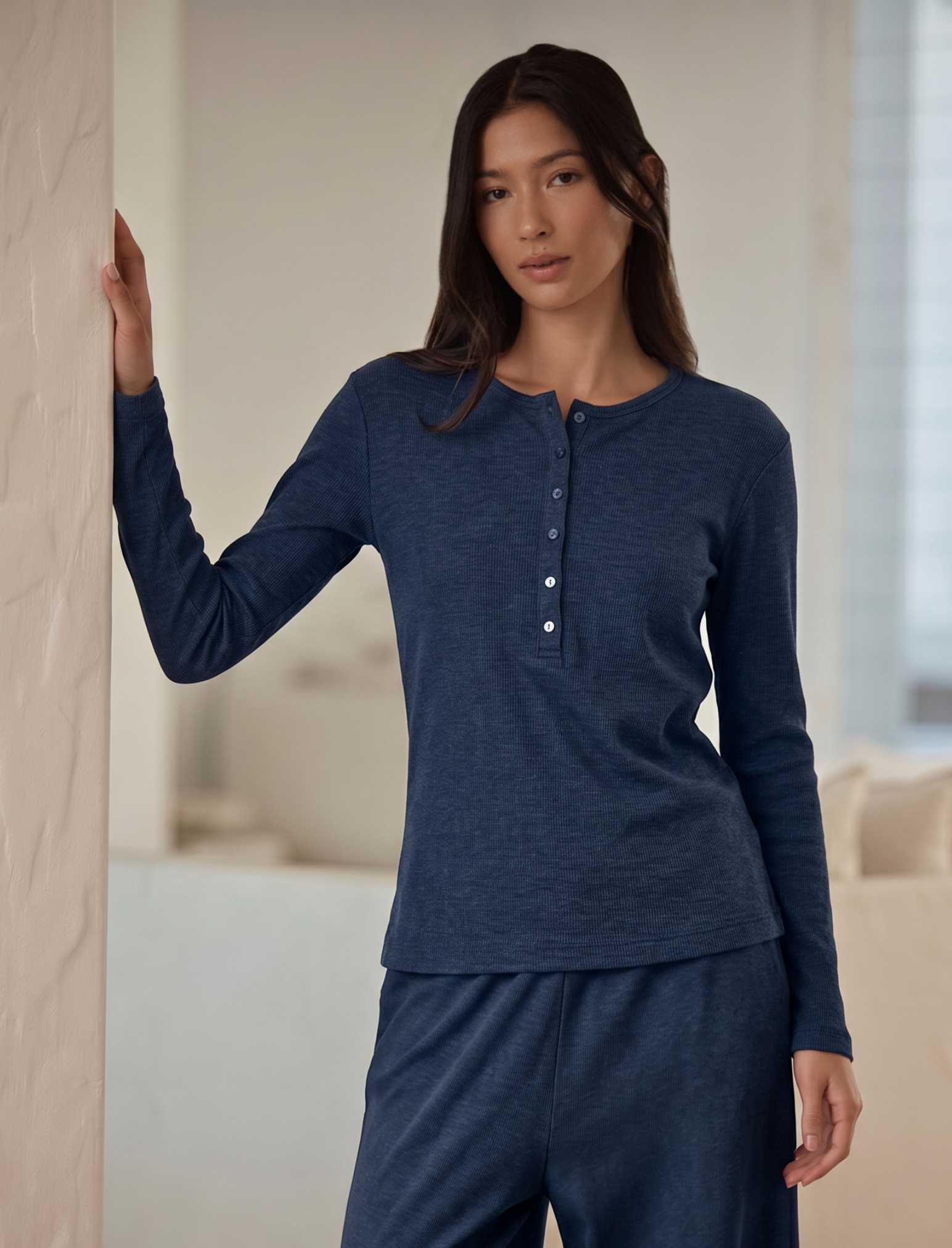 Soft Baby Rib Boxy Henley Long Sleeve Top