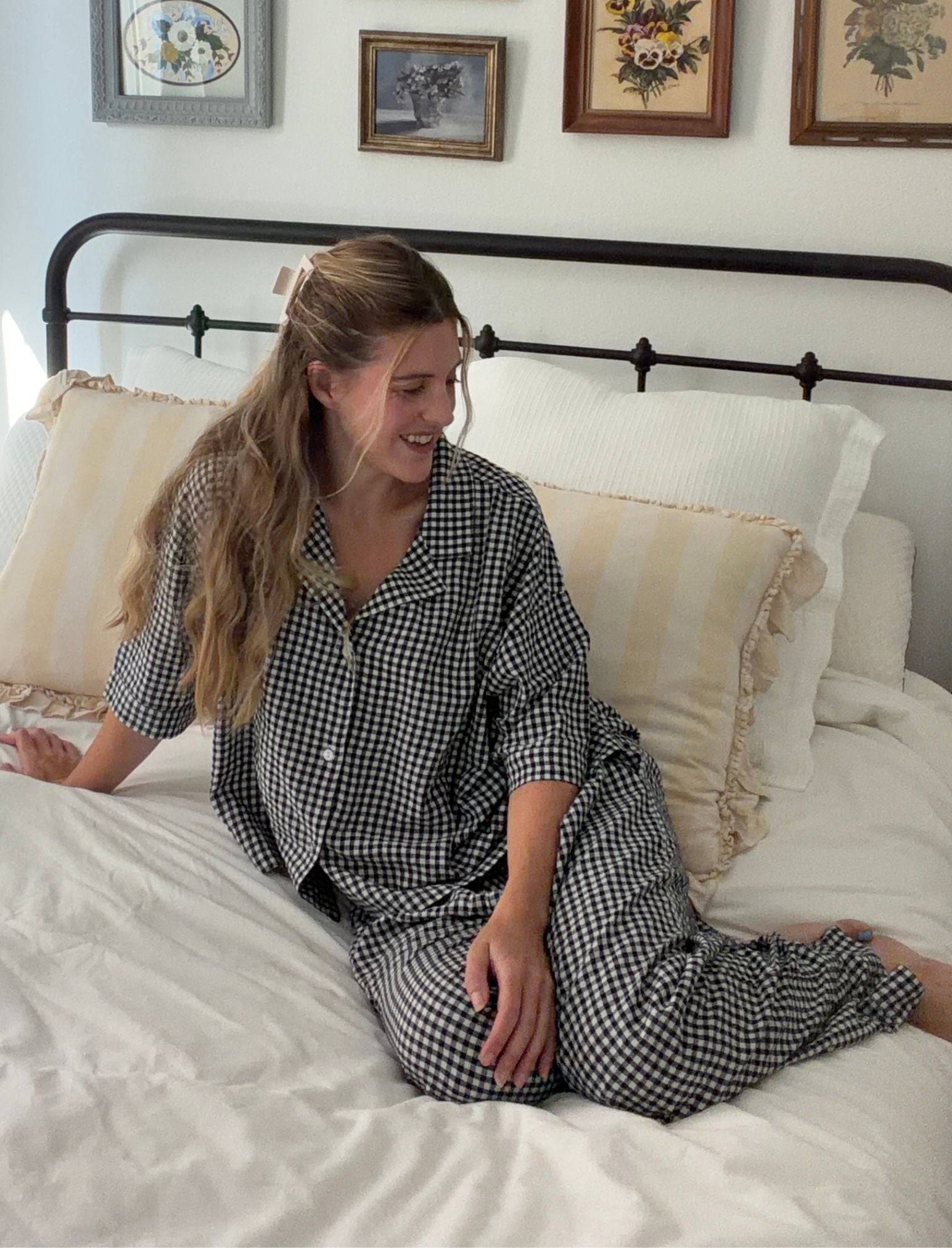 Seersucker Gingham Short Sleeve Shirt & Full Length Pant PJ Set