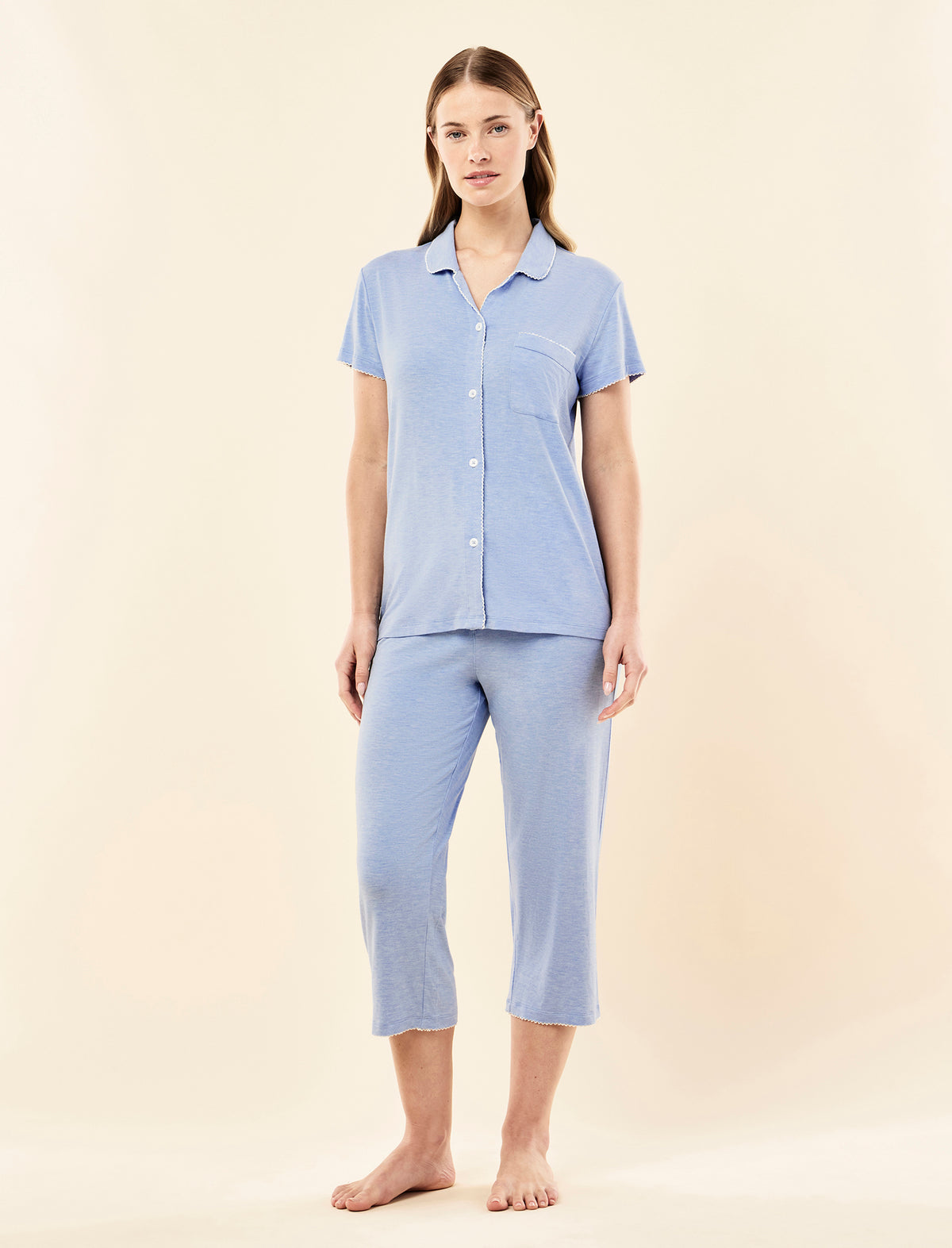 Sienie wearing the Kate Modal Soft Crop PJ Set