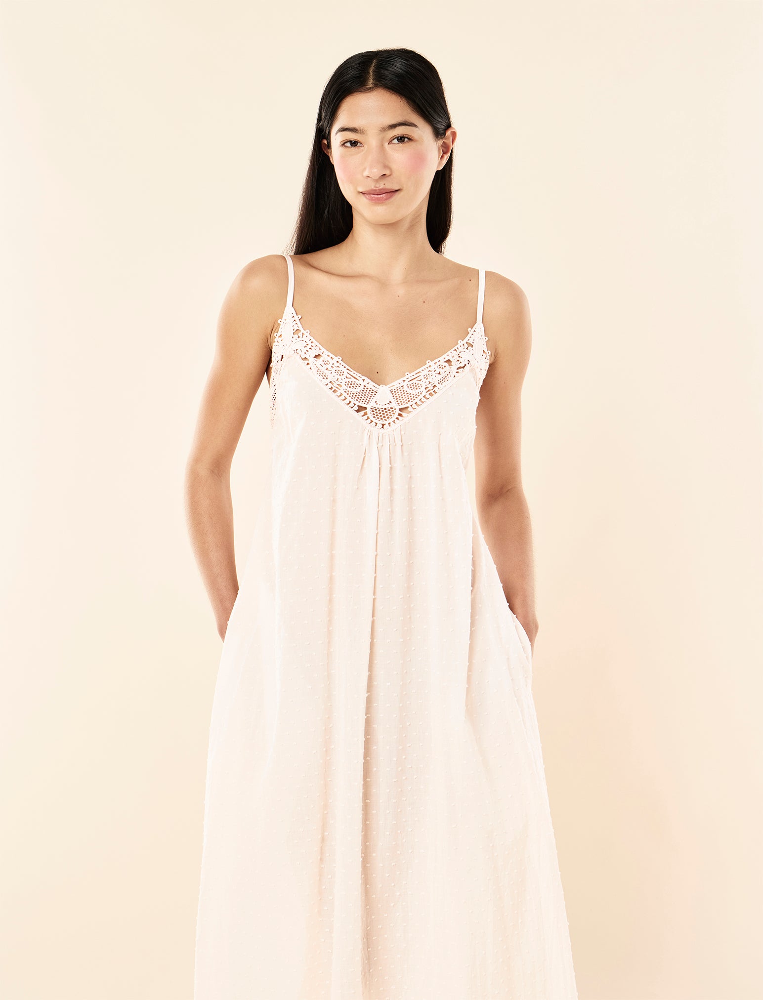 Zoey wearing the Swiss Dot Lace Front Maxi Nightie
[model: Zoey wears size XS |  Height: 172cm/ 5’7” | Bust: 80cm | Waist: 62cm | Hips: 89.5cm]