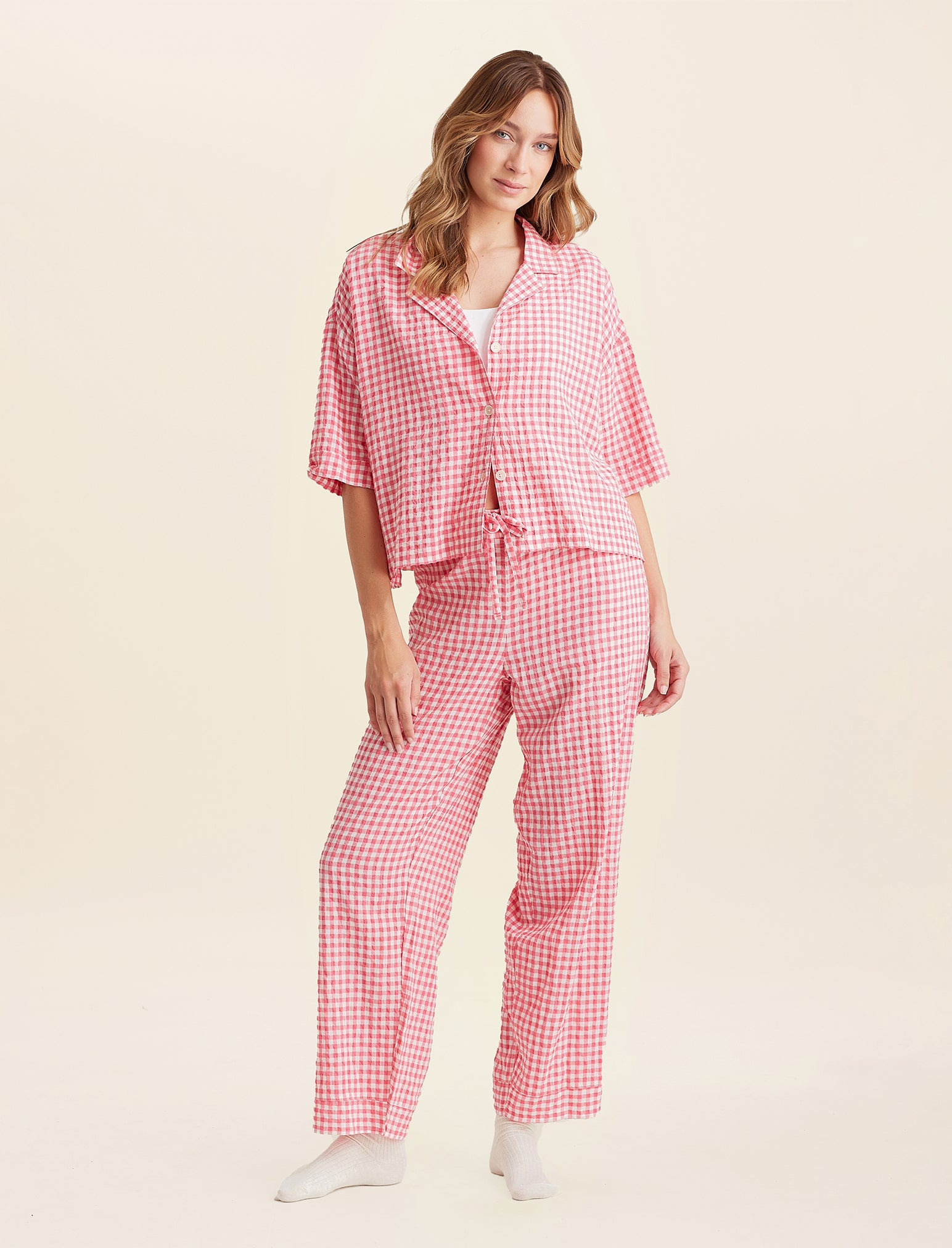 Seersucker Gingham Short Sleeve Shirt and Full Length Pant PJ Set