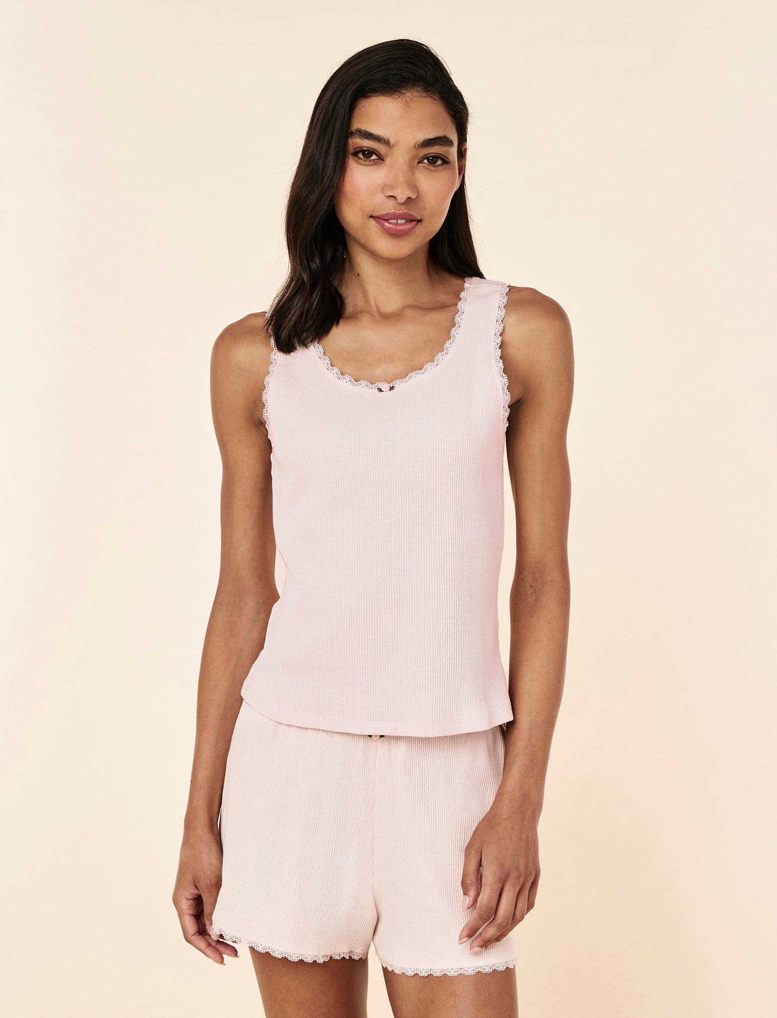 Cece wearing the Claire Soft Cotton Waffle Boxer PJ Set
[model: Cece wears size XS |  Height: 178cm
/ 5’10” | Bust: 76cm | Waist: 61cm | Hips: 89cm]