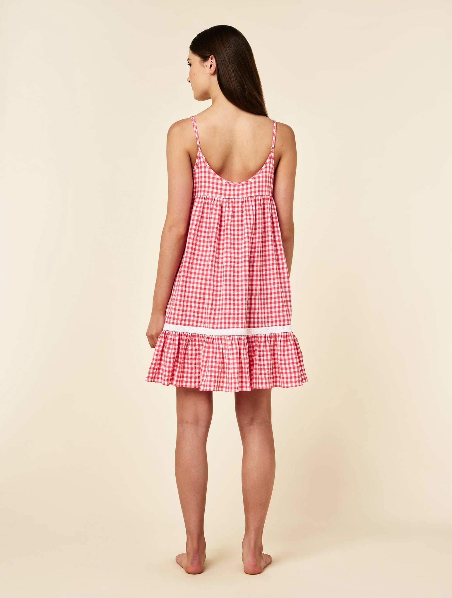 Seersucker Gingham Lace Trim Strappy Nightie