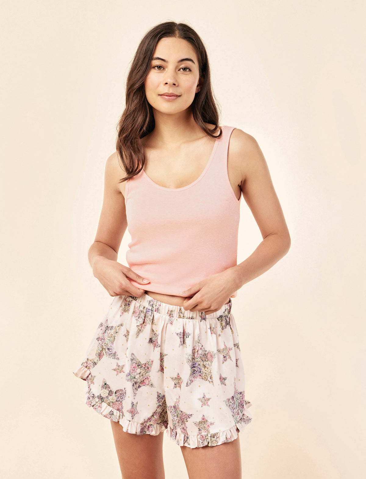 Sakura wearing the Floral Star Frill Boxer & Pia Tank Set