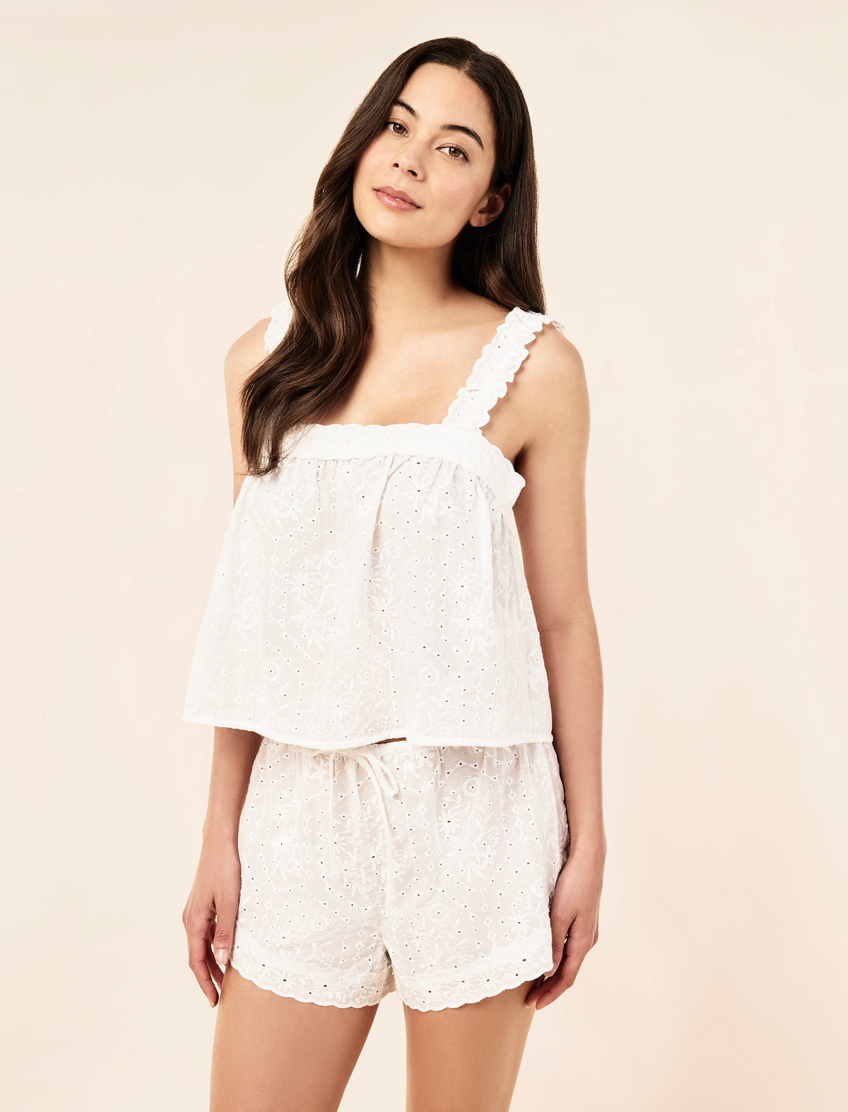 Sakura wearing the Embroidered Cotton Cami Boxer PJ Set
[model: Sakura wears size S |  Height: 173cm/ 5’8” | Bust: 81cm | Waist: 64cm | Hips: 89cm]