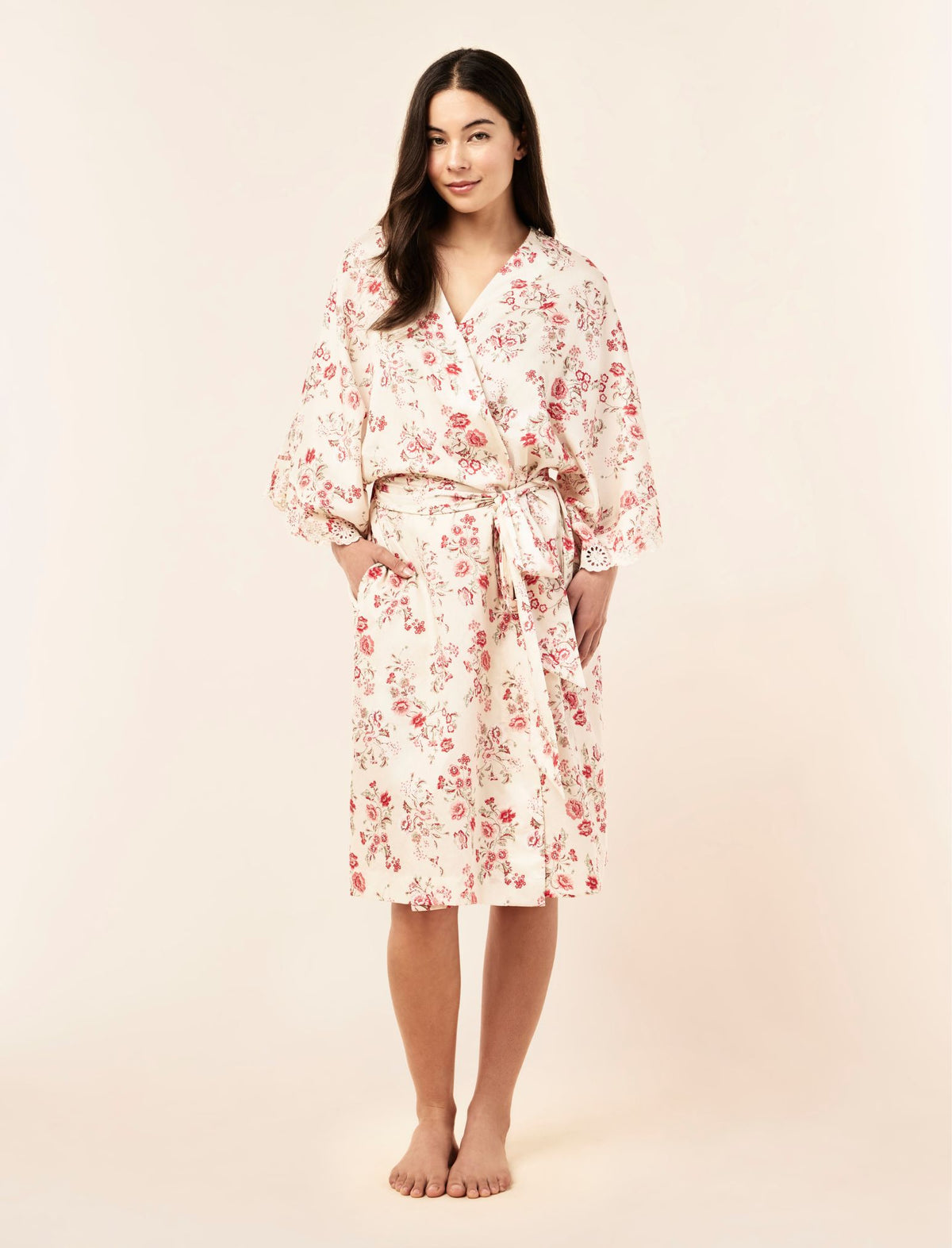 Border Floral Midi Kimono Robe