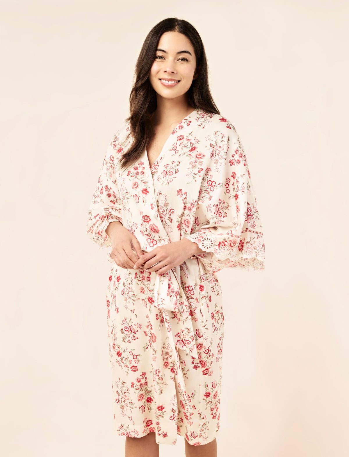 Sakura wearing the Border Floral Midi Kimono Robe