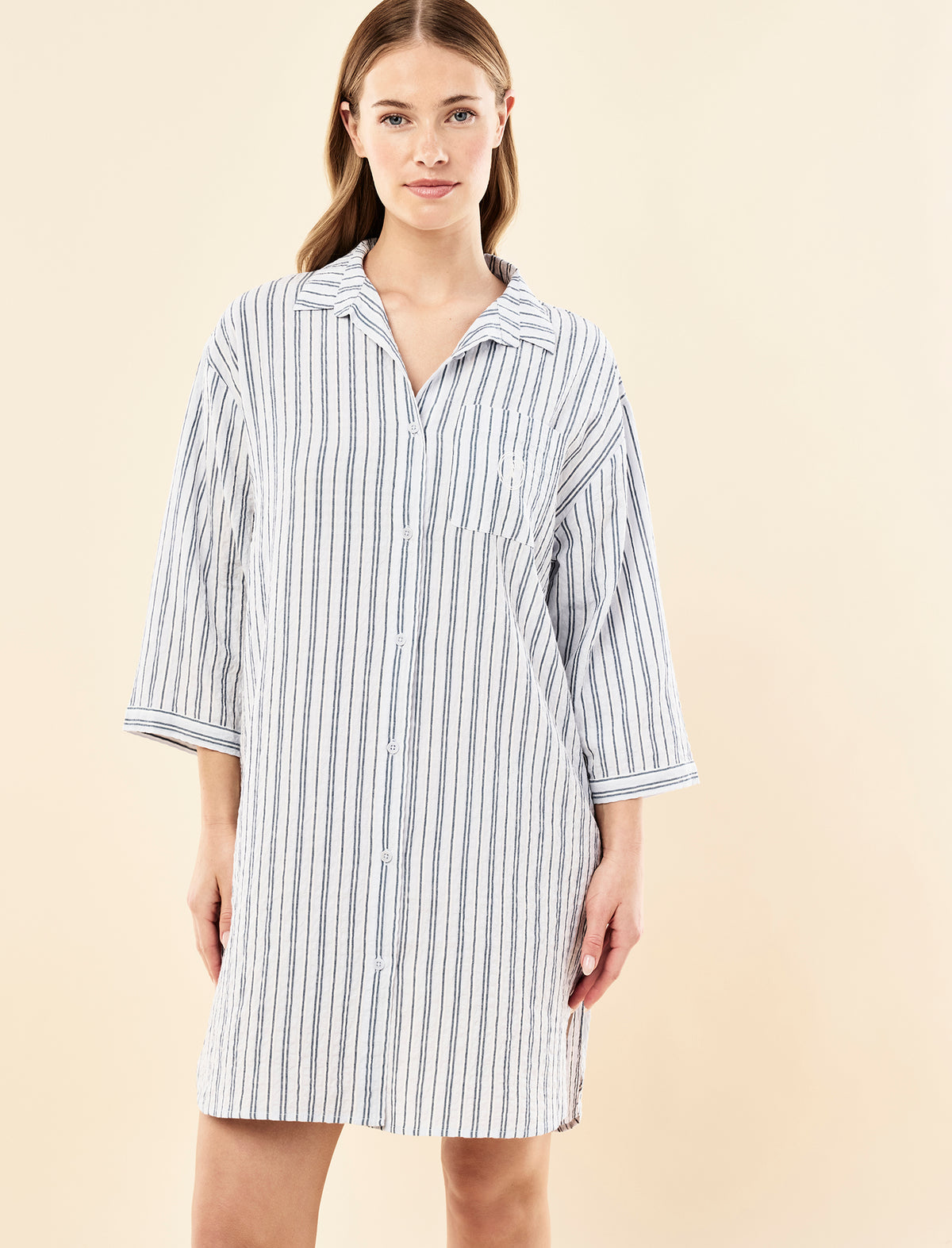Sianie wearing the Karen Walker Seersucker Stripe Nightshirt