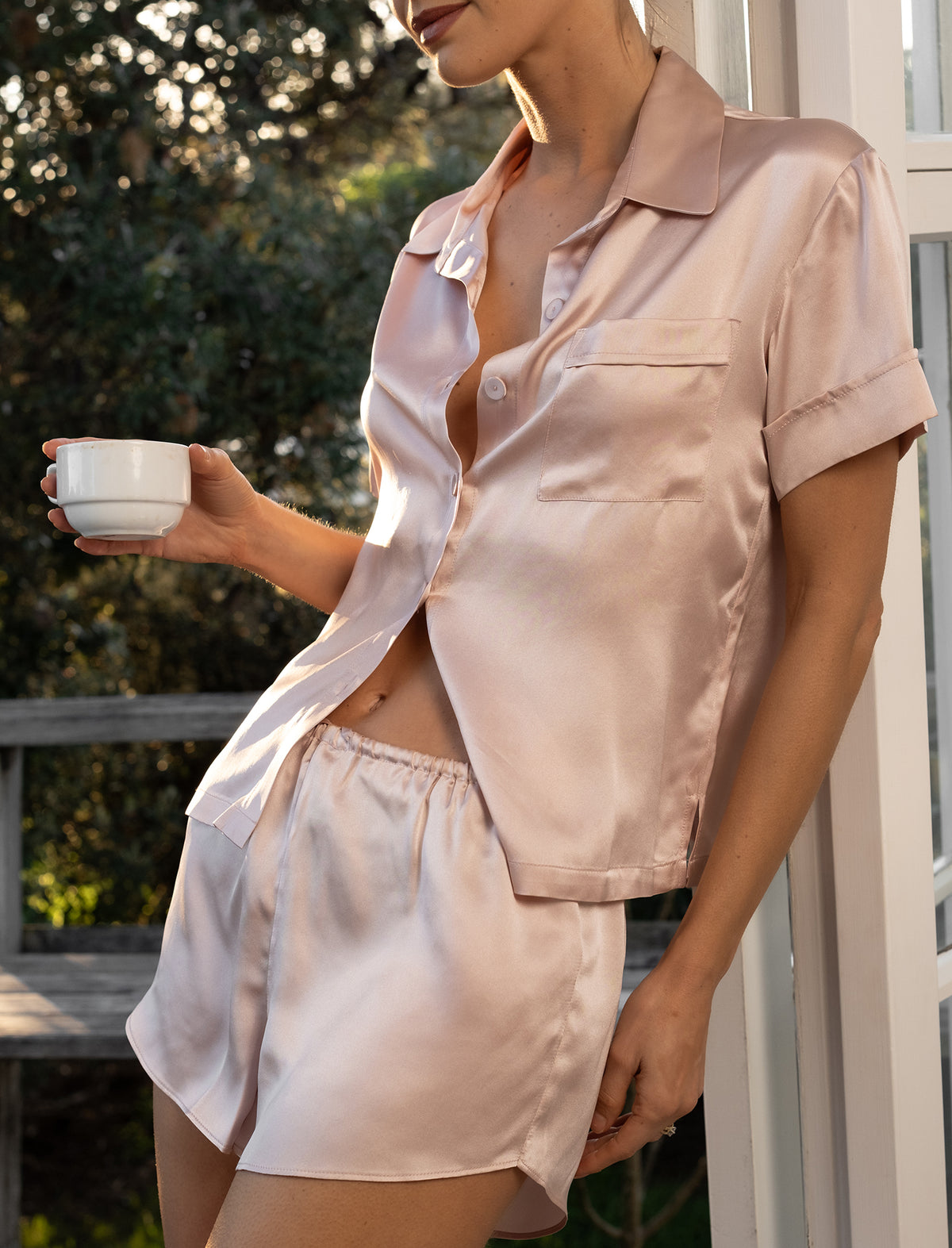 Rosalie wearing the Audrey Washable Silk Boxer PJ Set
[model: Rosalie wears size S]